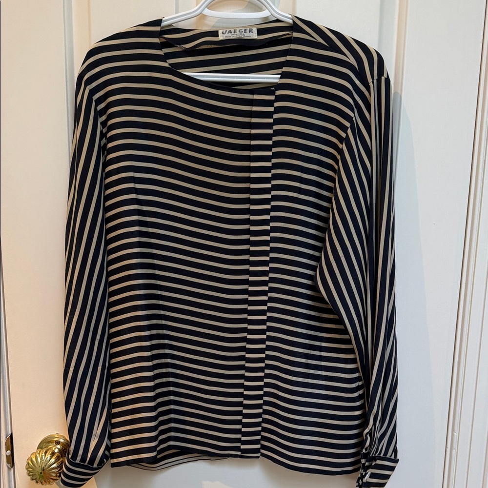 Vintage Jaeger UK36 Striped Blouse hidden button placket 30% silk classic beaut